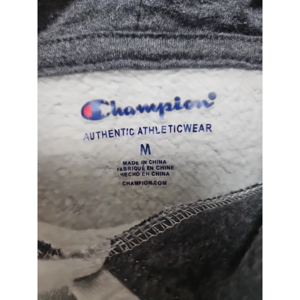 Champion Hoodie Youth Medium Sweatshirt Pullover Gray Black All Over Logo Print